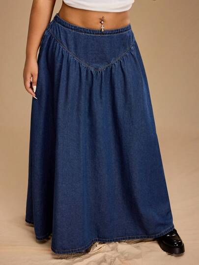 Forever 21 大码女式时尚褶皱长款休闲牛仔 A 字裙