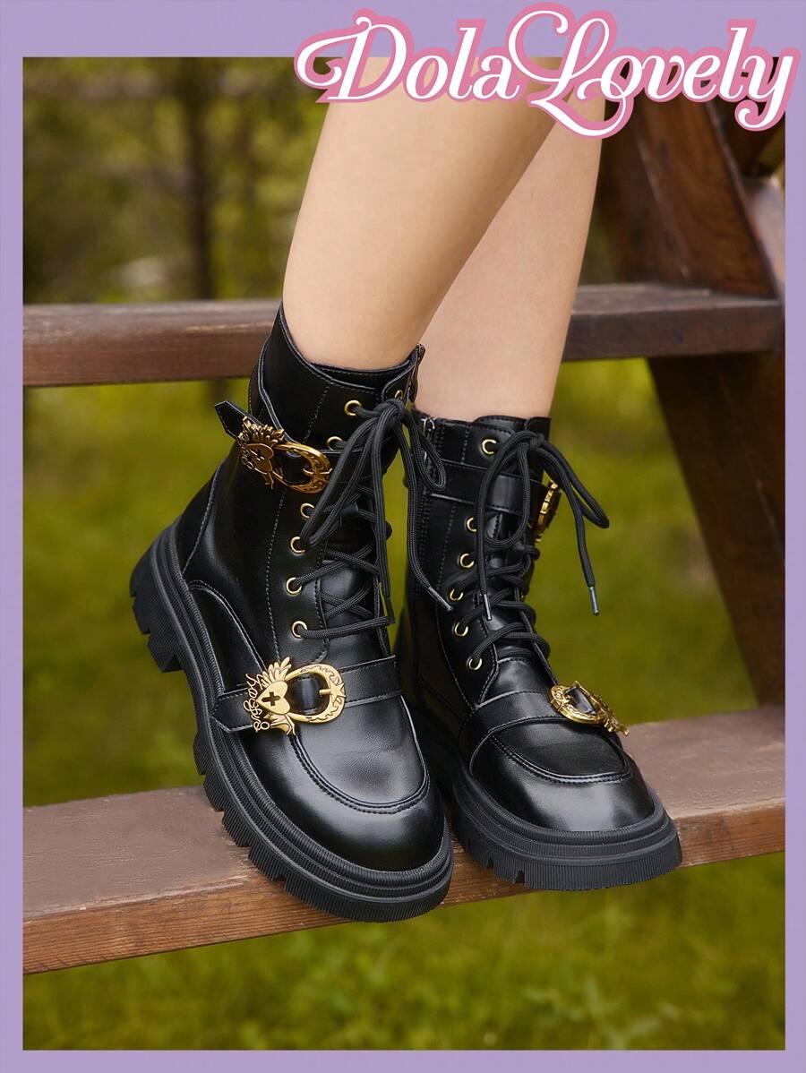 Dola Lovely Women's Fashionable Elegant Casual Round Toe Black Thick Sole Lace-Up Motorcycle Boots With Buckle Classic Sexy Outdoor British Style Riding Boots - Black - View 1