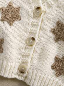 SHEIN Baby Girl Khaki Fuzzy Snowflake & Star Pattern Adorned Soft Beige Fabric Elegant Cardigan, Suitable For Autumn/Winter, For Christmas - Beige - View 4