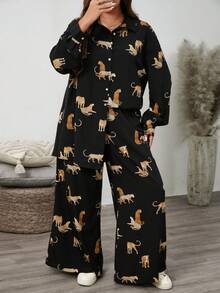 SHEIN LUNE Bộ đồ 2 món thường ngày họa tiết hổ cỡ lớn cho nữ, mùa thu - màu đen - Xem 5