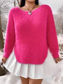 Flirla Plus Size Pink Thick Warm Soft Fluffy Pullover Sweater Knit Pullover Fall Winter - Hot Pink - View 1