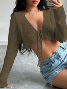 SHEIN Unity 女士纯色长袖前系带短款开衫，秋季休闲款 - 咖啡棕 - 查看 3