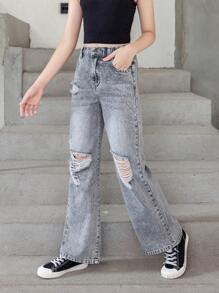 Tween Girl Casual Ripped Washed Denim Straight Leg Jeans - Light Wash - View 5