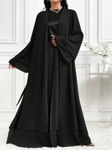 Al Najma Áo choàng Abaya cổ tròn dài tay loe buộc eo thanh lịch cho nữ, phong cách thanh lịch giản dị cho trang phục thường ngày/công sở/ngày lễ/tiệc tối/khách dự tiệc cưới - màu đen - Xem 6