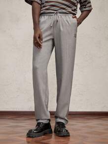 AKNOTIC Business Casual 男士编织字母刺绣长直筒休闲裤，适合日常穿着 - 淺灰色 - 查看 6