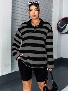 Flirla Plus Size Contrast Striped Polo Neck Long Sleeve T-Shirt Graphic Tees Women Tops For Spring Fall For Women - Multicolor - View 6