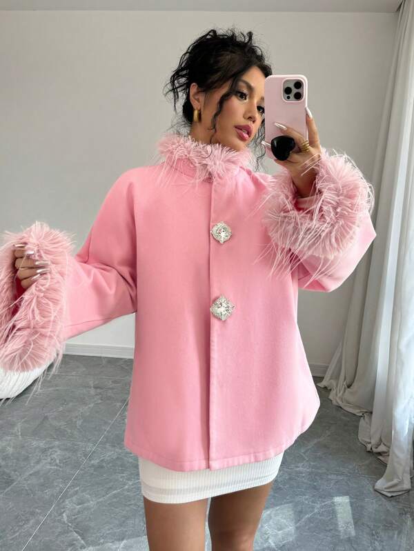 Elenzga Casaco feminino casual elegante com gola larga e manga comprida com botões frontais, outono/inverno