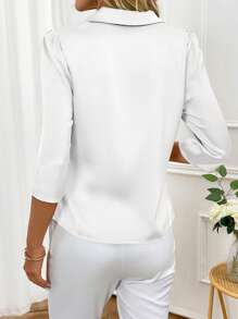 Ellevyn 女士纯色交叉缠绕褶皱不对称下摆优雅衬衫 - 白色 - 查看 2