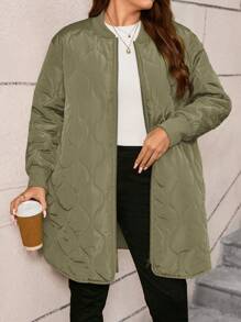 SHEIN LUNE Plus Size Casual Zippered Stójka Pikowana Watowana Kurtka, Kurtka Jesień/Zima i Parkas Lekka, Pakowalna Kurtka Puchowa Z Długim Rękawem Wodoodporna Kurtka - Wojskowa Zieleń - Zobacz 6