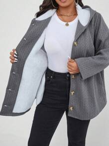 SHEIN LUNE Plus Size Front Button Closure Long Sleeve Minimalist Hooded Jacket, Casual Daily Wear - Multicolor - View 4
