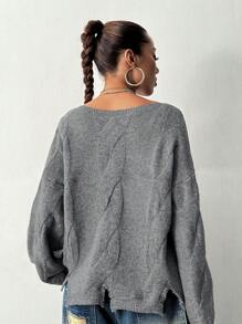SHEIN Unity 女士秋冬纯色落肩长袖宽松休闲毛衣 - 灰色 - 查看 4