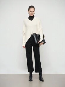 SHEIN LUNE 纯色V领不对称下摆优雅长袖套头针织毛衣，秋冬款 - 杏色 - 查看 6