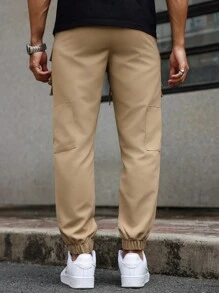 Manfinity LEGND Pantalones cargo casuales para hombre con diseño de cremallera, múltiples bolsillos y bajo con puño, pantalones cargo, ropa de hombre para otoño - Caqui - Ver 2