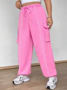 Flirla Plus Size Women's Elastic Waist Drawstring Cargo Pockets Pants With Contrast Trim Fall Cloth For Women - Pink - View 4