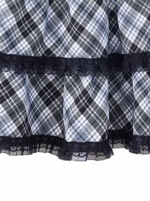 SHEIN 少女节日聚会格子蕾丝边短裙 - 黑色 - 查看 4