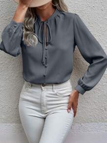 SHEIN LUNE Women's Solid Color Belted Long Sleeve Blouse - Dusty Blue - View 6