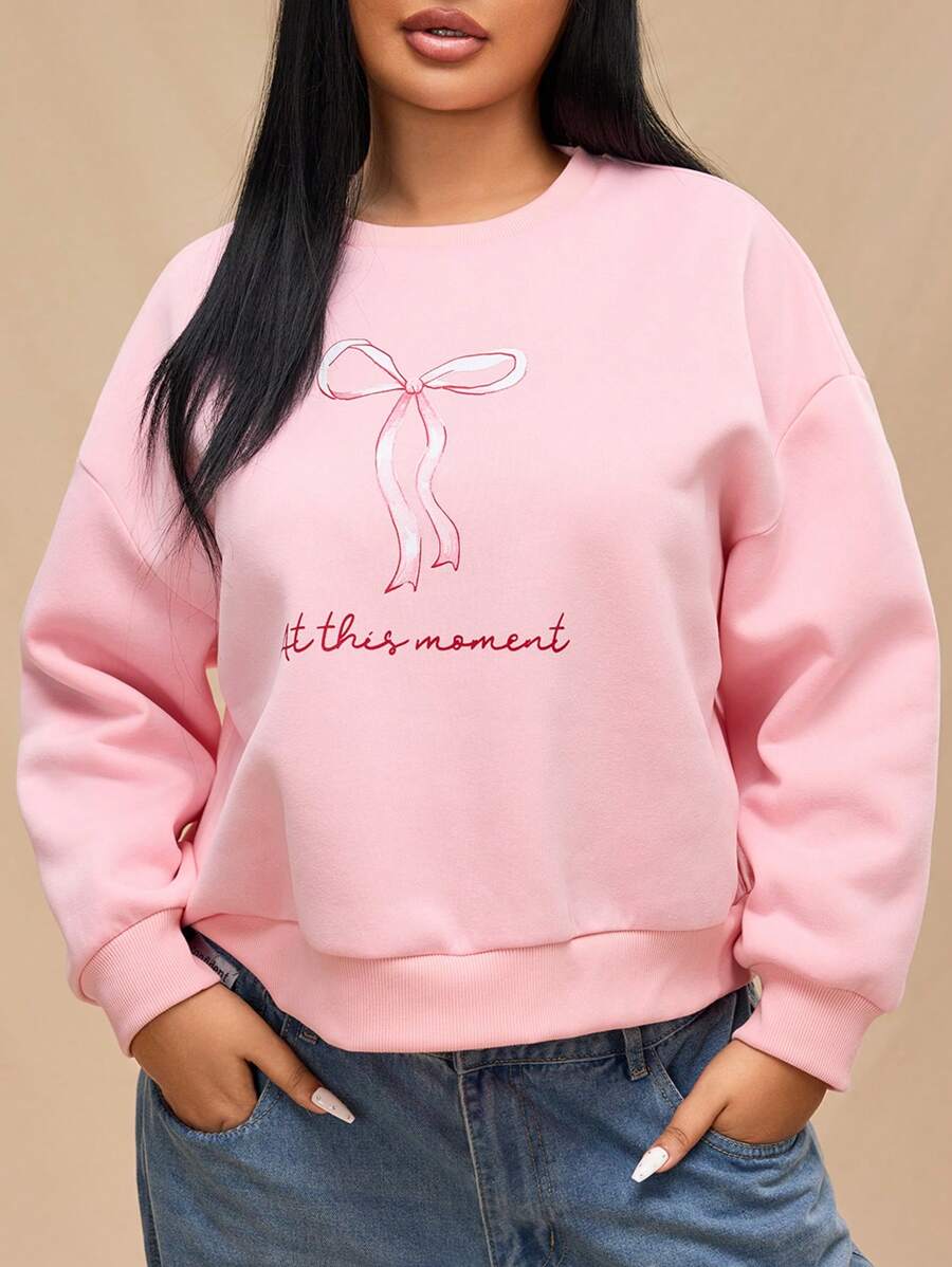 Forever 21 大码女式罗纹圆领蝴蝶印花俏皮粉色长袖运动衫，秋冬款