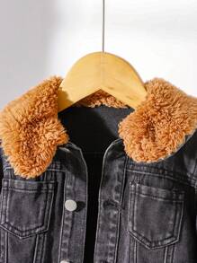 SHEIN 婴儿/幼儿女孩牛仔夹克，带仿羊羔绒衬里，冬季休闲外套 - 黑色 - 查看 3