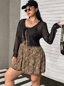 SHEIN CovetEZ 2pcs Plus Size Black Flocked Floral Sheer Cardigan Dress Set - Black - View 6