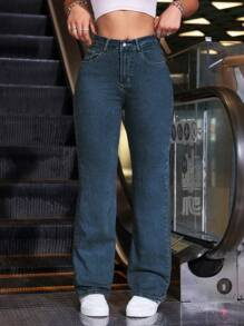 SHEIN ICON Front Buttoned Multiple Pockets Casual Denim Long Pants Y2k - Dark Wash - View 3