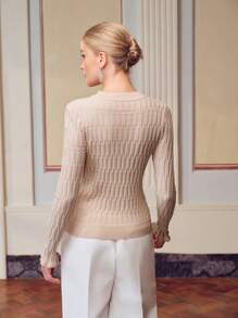 Women's Solid Color Crew Neck Long Sleeve Casual Sweater - Beige - View 5