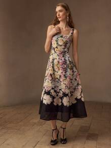 MOTF PREMIUM ORGANZA FLORAL PRINT SQUARE NECK FLARE HEM MIDI DRESS WITHOUT BELT, WOMEN OUTFIT