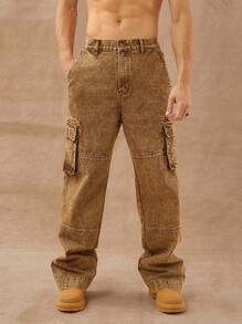 HIMLAND Men Premium Cotton Denim Cargo Loose Straight Leg Jeans