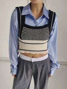 DAZY Women Contrast Color Patchwork Super Short Suspender Knit Camisole Top Fall - Black and White - View 3