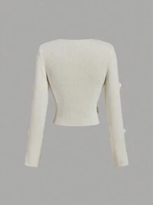 SHEIN MOD 圆领装饰3D花卉杏色毛衣，秋冬毛衣，优雅毛衣，约会装，冬季上衣，保暖，冬季女装 - 杏色 - 查看 2