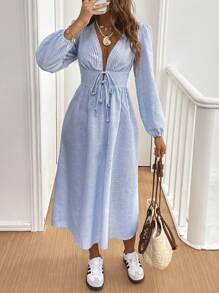 SHEIN Frenchy 女士前系带长袖条纹连衣裙，休闲日常穿着 - 藍白色 - 查看 1