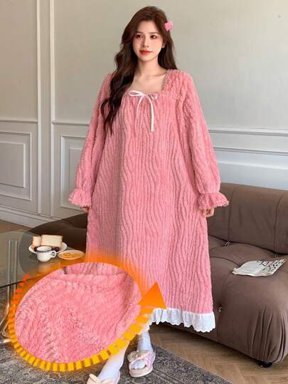 DAZY 毛绒加厚可爱蝴蝶结装饰花卉拼接蓬松睡裙，保暖内衬，秋冬季舒适睡衣，哞哞睡裙