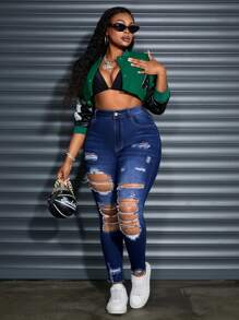 SHEIN SXY Plus Size Front Button Pocket Distressed Simple Denim Jeans, Casual Everyday Wear - Dark Wash - View 3