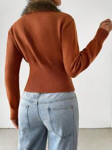 Chiquease Women's Furry Collar Waist Drawstring Zipper Front Long Sleeve Cardigan, Autumn Fall Clothes - Rust Brown - View 2