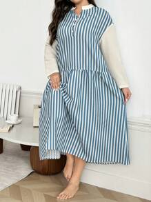 大码休闲条纹拼色印花宽松纽扣半拉链长袖睡袍，秋季 - 藍白色 - 查看 1