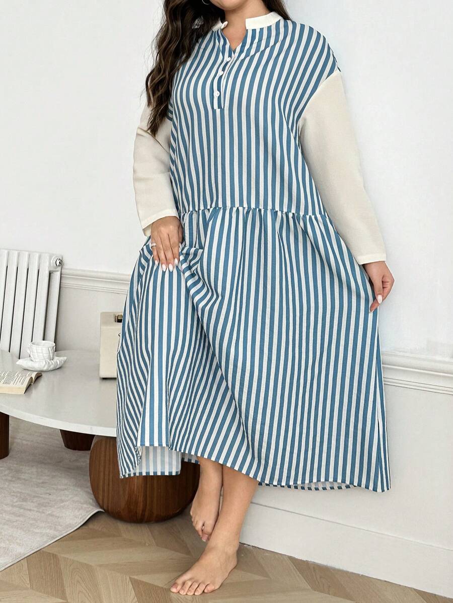 大码休闲条纹拼色印花宽松纽扣半拉链长袖睡袍，秋季 - 藍白色 - 查看 1