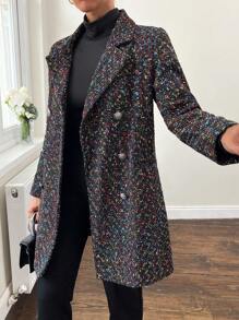 SHEIN Cottnline Double Breasted Plaid Tweed Coat For Autumn & Winter - Black - View 5
