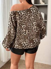 SHEIN Clasi Plus Size Asymmetric Collar Leopard Print Long Sleeve Shirt - Brown - View 2