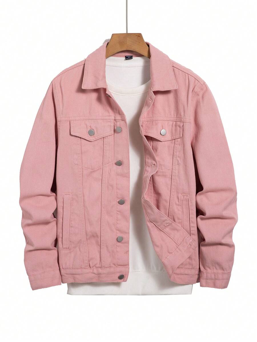 Manfinity Homme Chaqueta vaquera casual de manga larga de botones delanteros de unicolor para hombres - Rosa Pálido - Ver 1