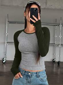 DAZY Colorblock Raglan Sleeve Casual T-Shirt For Women, Spring Autumn Long Sleeve Women Tops - Light Grey - View 5