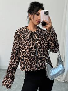 SHEIN Privé Chaqueta abotonada con manga larga, cuello vuelto y estampado de leopardo retro de moda casual para mujer, otoño/invierno - Multicolor - Ver 6