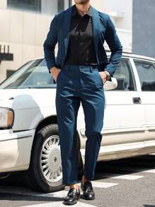 Manfinity Bizformal Men's Plain One Button Long Sleeve Blazer Jacket And Pocket Suit Pants Formal Casual Suit Set