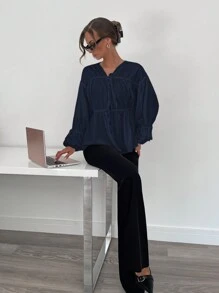 Siren Gaze Áo cánh dài tay buộc eo xếp ly cổ chữ V mới cho nữ màu trắng - Màu xanh hải quân - Xem 4