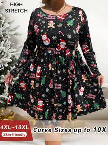 SHEIN CURVE+ Plus Women Long Sleeve Christmas Print Dress, Autumn & Winter Clothes - Multicolor - View 1
