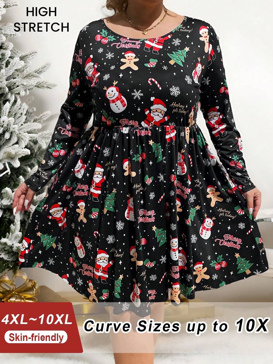 SHEIN CURVE+ Plus Women Long Sleeve Christmas Print Dress, Autumn & Winter Clothes - Multicolor - View 1