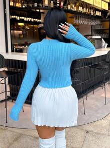 Zolique 新款性感修身休闲蓝色交叉长袖女式针织套头衫，秋冬款 - 藍色 - 查看 2