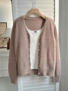 Calvaya Solid Drop Shoulder Oversize Single Breasted Placket Fluffy Knit Lightweight Cardigan
