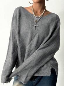 SHEIN Unity 女士秋冬纯色落肩长袖宽松休闲毛衣 - 灰色 - 查看 5