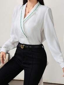 Modelyn Women's French V-Neck Floral Embroidery Casual Button-Up Blouse, Business Clothes Fall Cloth For Women - White - View 6