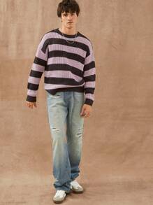 Men Striped Crewneck Knit Sweater Top - Purple - View 4