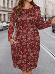 Glamance Polina Brazil Vrouwen Bordeauxrode jurken in grote maten, lange mouwen, ronde hals, boho, bloemenprint, effen, zomeroutfits voor vrouwen, zomerjurk voor vrouwen, zomerjurk voor vrouwen, vakantiejurk voor uitgaan